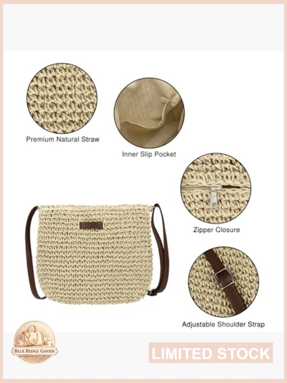 Handwoven Straw Crossbody Bag Natural Summer Beach Shoulder Purse - Picture 4 of 6